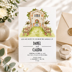 Traditional Watercolor Church Wedding Invitation