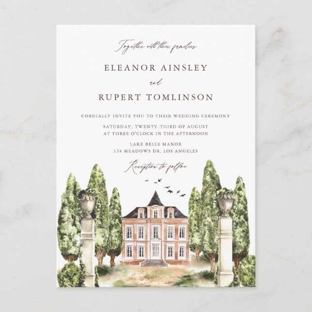Traditional Watercolor English Manor Wedding  Invitation Postcard (Front)
