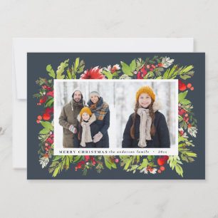 Traditional watercolor floral + foliage christmas holiday card