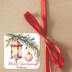 Traditional Watercolor Lantern Family Christmas Square Sticker
