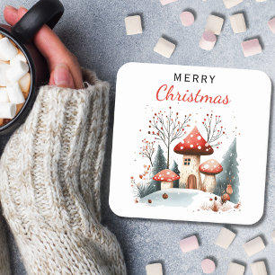 Traditional Watercolor Woodland Merry Christmas Square Paper Coaster