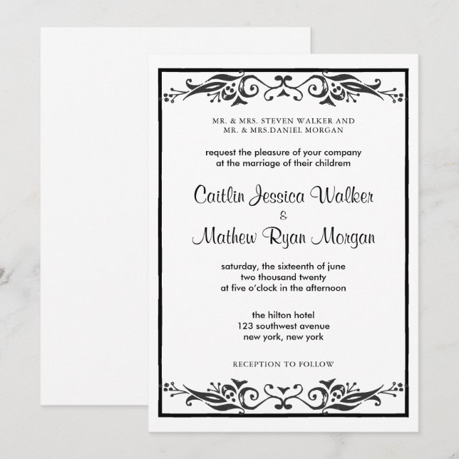 Traditional Wedding Invitation - Flourishes (Front/Back)