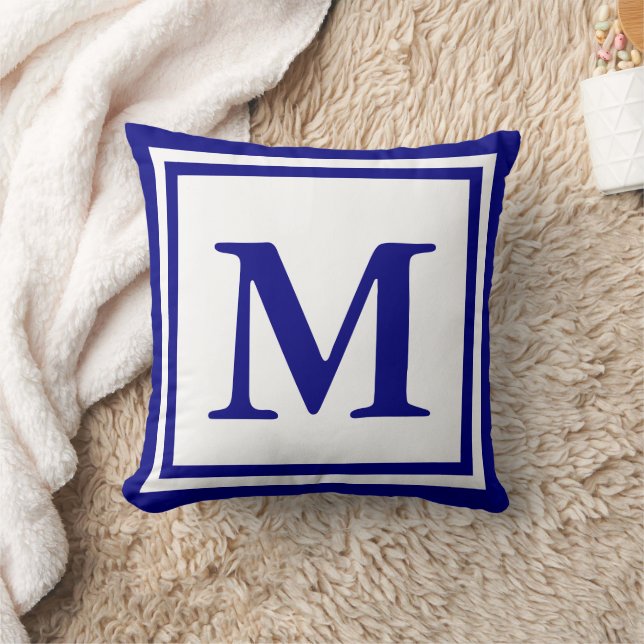 Traditional White and Navy Blue Monogram Template Cushion (Blanket)