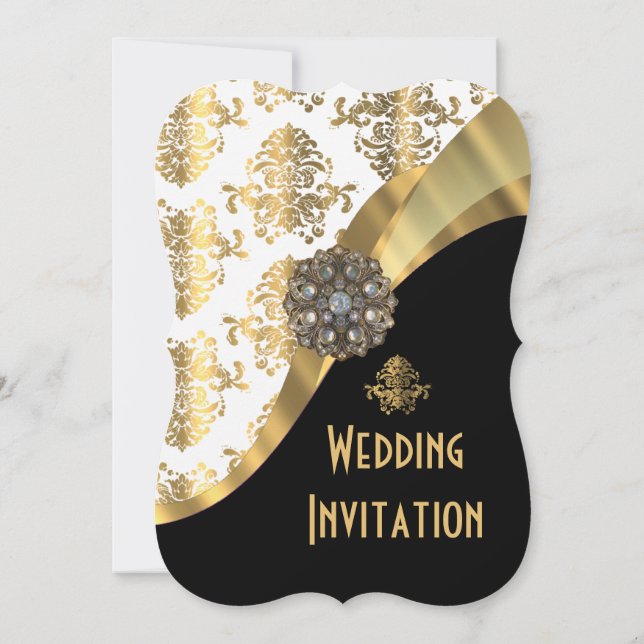 Traditional white black and gold damask wedding invitation (Back)