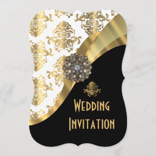 Traditional white black and gold damask wedding invitation