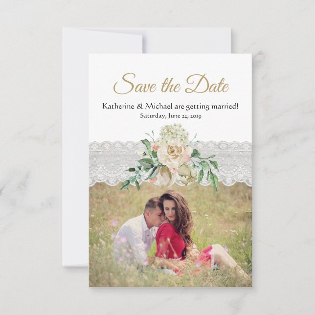 Traditional White Gold Roses Floral Lace Wedding Save The Date (Front)