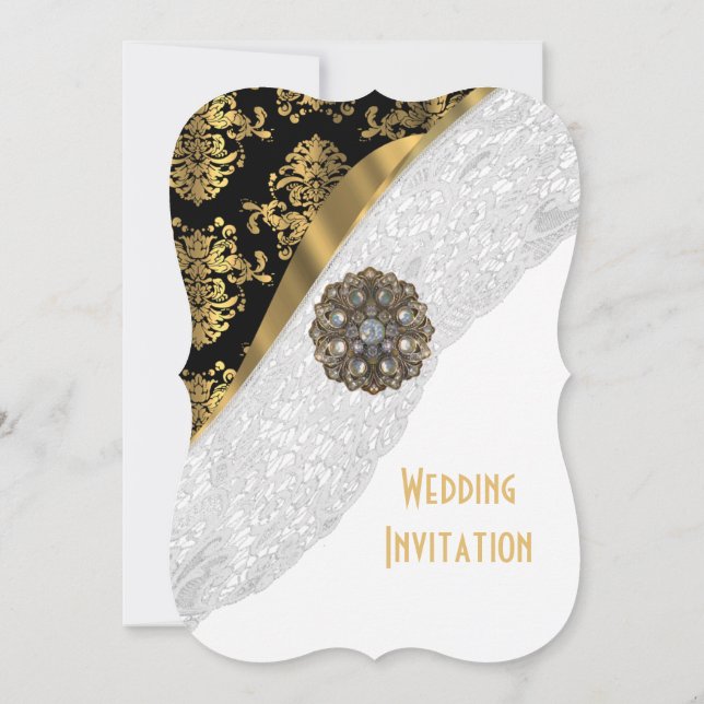 Traditional white lace black and gold wedding invitation (Back)