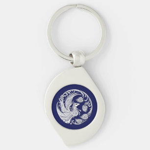 Traditional White Phoenix Circle on Blue Key Ring