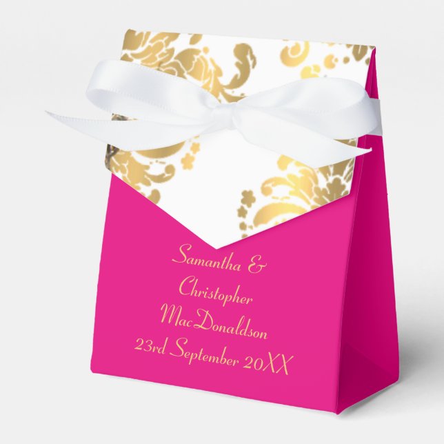 Traditional white, pink and gold damask wedding favour box (Front Side)