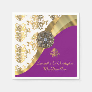 Traditional white, purple and gold damask wedding napkin