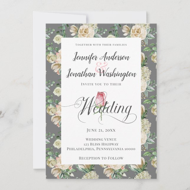 Traditional White Rose on Grey Victorian Pattern Announcement (Front)