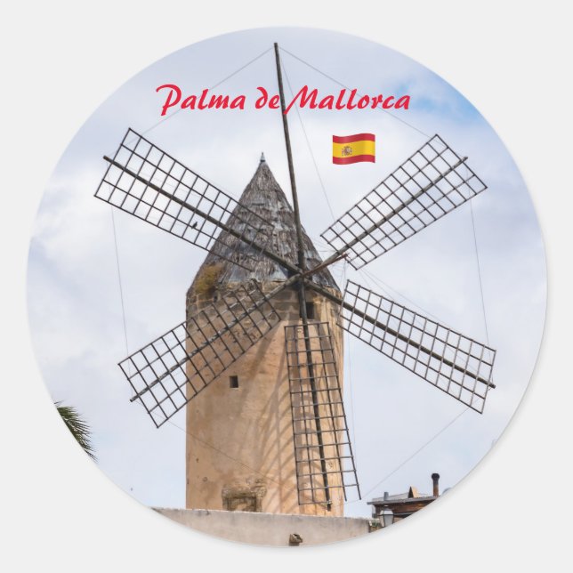 Traditional windmill in Palma de Mallorca - Spain Classic Round Sticker (Front)