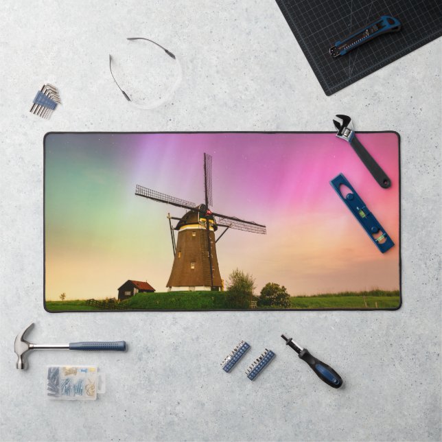 Traditional windmill under the Northern Lights Desk Mat (Workstation)