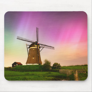Traditional windmill under the Northern Lights Mouse Mat