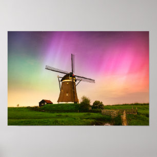 Traditional windmill under the Northern Lights Poster