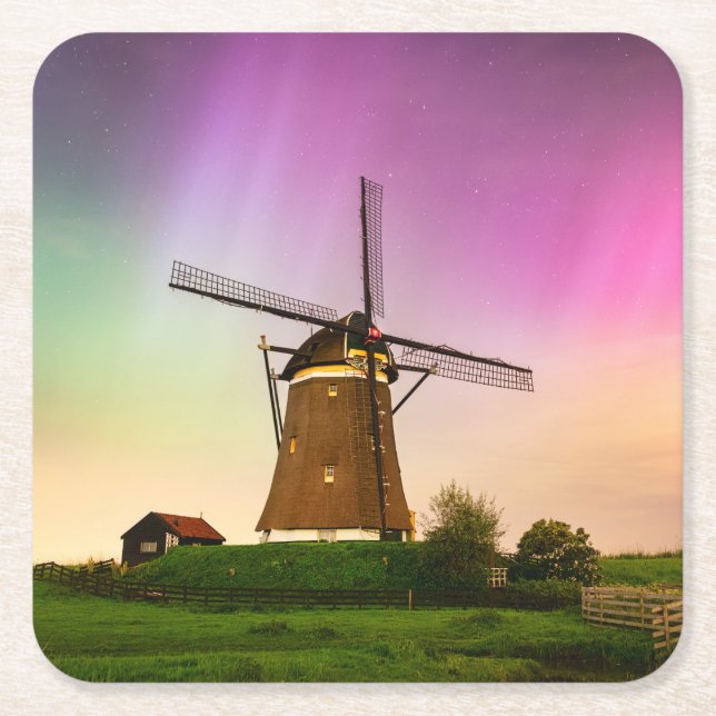 Traditional windmill under the Northern Lights Square Paper Coaster (Front)