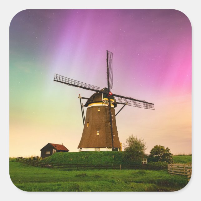 Traditional windmill under the Northern Lights Square Sticker (Front)