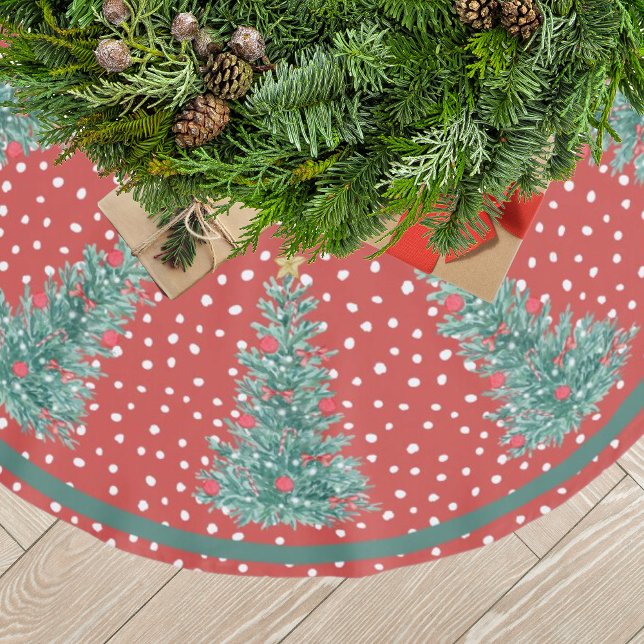 Traditional Winter Snow Red Christmas Tree Brushed Polyester Tree Skirt (cute red traditional christmas tree skirt)