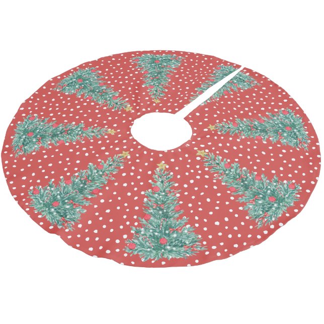 Traditional Winter Snow Red Christmas Tree Brushed Polyester Tree Skirt (Angled)