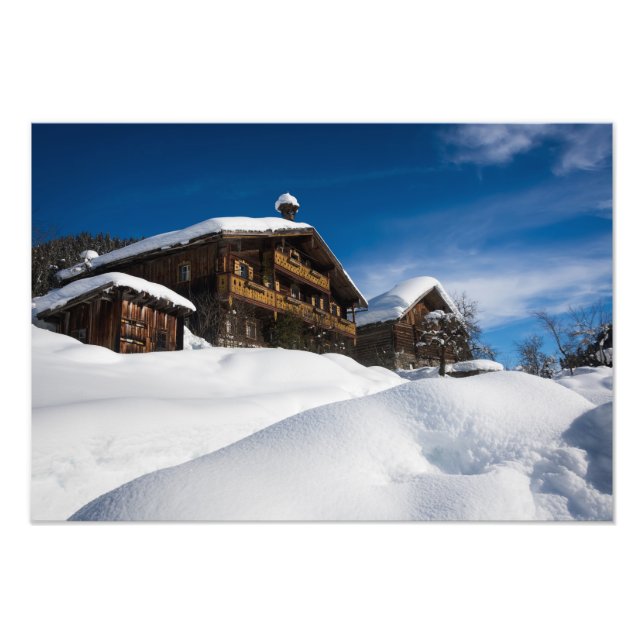 Traditional wooden cabins in de snow photo print (Front)