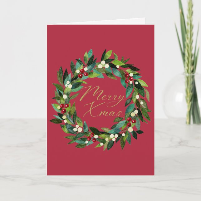 Traditional Wreath Tartan Merry Christmas Card (Front)