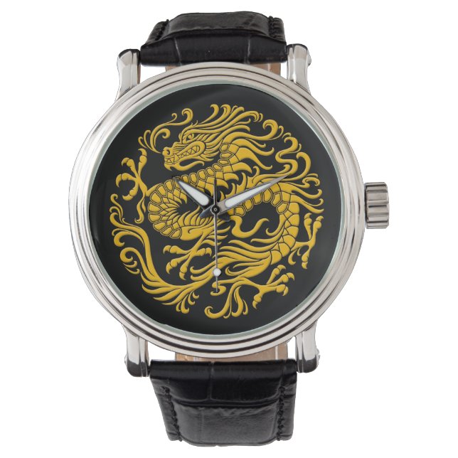 Traditional Yellow and Black Chinese Dragon Circle Watch (Front)
