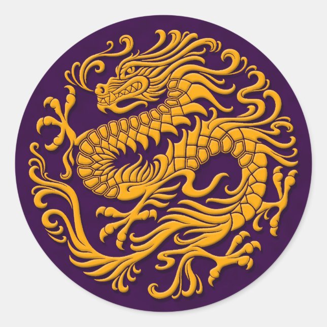 Traditional Yellow and Purple Chinese Dragon Circl Classic Round Sticker (Front)
