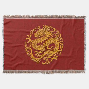 Traditional Yellow on Red Chinese Dragon Circle Throw Blanket