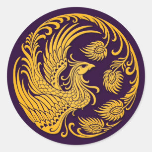 Traditional Yellow Phoenix Circle on Purple Classic Round Sticker