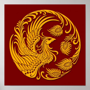 Traditional Yellow Phoenix Circle on Red Poster