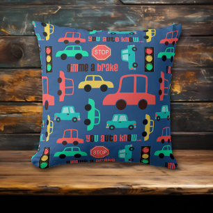 Traffic Cars Pattern on Blue Cushion