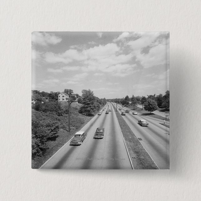 Traffic on highway 15 cm square badge (Front)