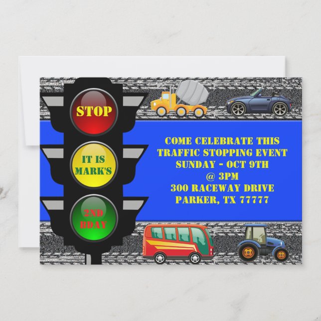 Traffic Race Car Dump Truck Bus Tractor Invite (Front)