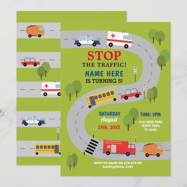 Traffic Road Driving Ambulance Police Trucks Cars Invitation (Front/Back)