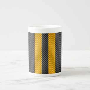 Traffic Yellow Racing Stripes Carbon Fibre Style Bone China Mug