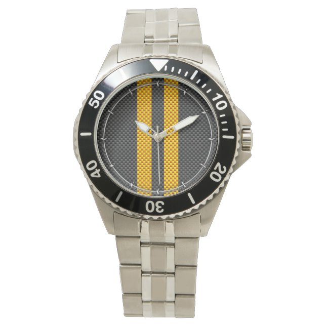 Traffic Yellow Racing Stripes Carbon Fibre Style Watch (Front)