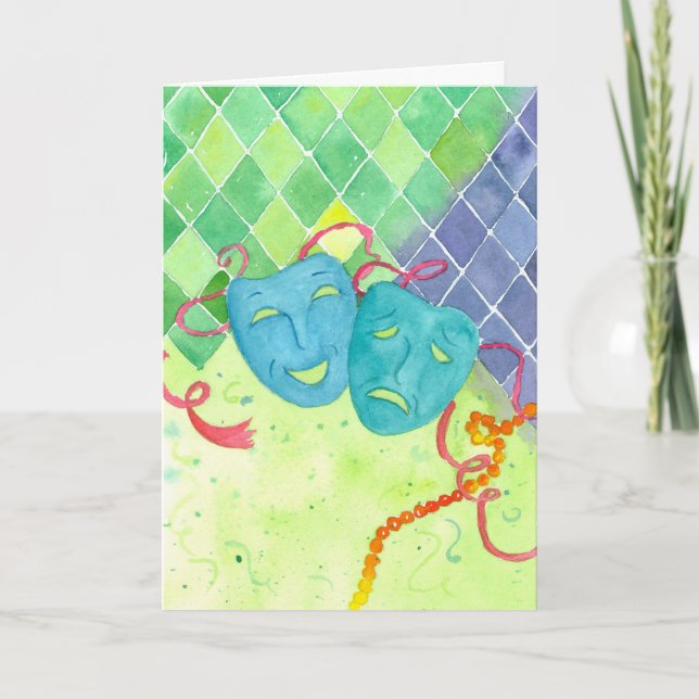 Tragedy Comedy Masks Happy Mardi Gras Card (Front)
