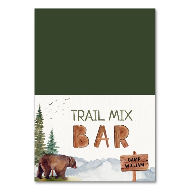 Trail Mix Bar Woodland Bear Camping Birthday Signs Table Number (Front)