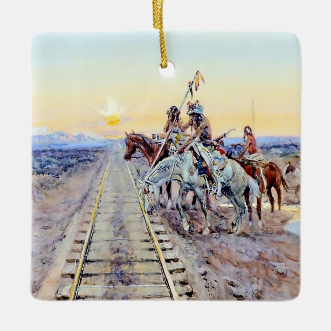 “Trail of the Iron Horse” by Charles M Russell Ceramic Ornament (Front)