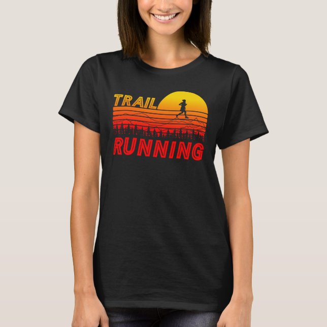 Trail running in the orange sunset with mountains T-Shirt (Front)