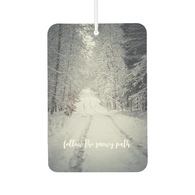 Trail through a snow-covered winter forest car air freshener (Front)