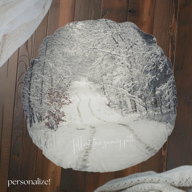Trail through a snow-covered winter forest round cushion (Creator Uploaded)