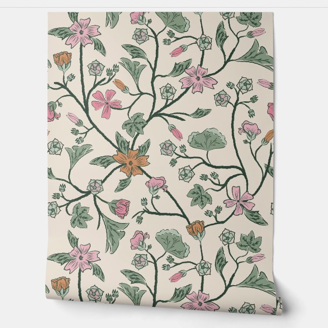 Trailing Floral - Mallow - Malva - Sage Green and  Wallpaper (Unrolling)