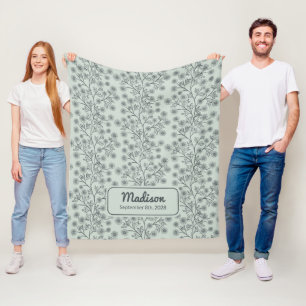 Trailing Floral Name Birth Date Green Baby Fleece Blanket