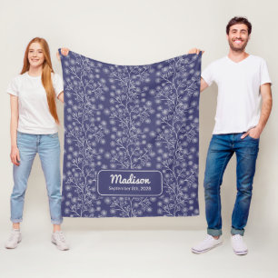 Trailing Floral Name Birth Date Navy Blue Baby Fleece Blanket