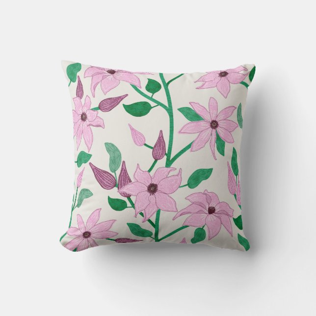 Trailing Pink Clematis Watercolor Floral Pattern  Cushion (Front)
