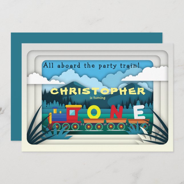 Train 1st Birthday Party Invitation Boy Railway  (Front/Back)