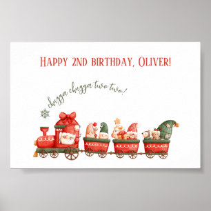 Train 2nd Birthday Watercolor Santa Party Express  Poster