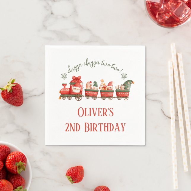 Train 2nd Birthday Watercolor Santas Party Express Napkin (Insitu)