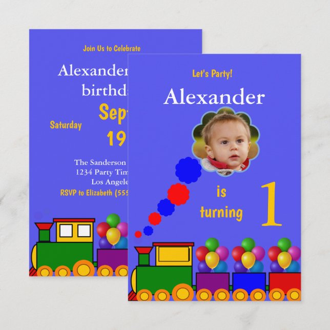 Train and balloons 1st birthday  photo invitation (Front/Back)